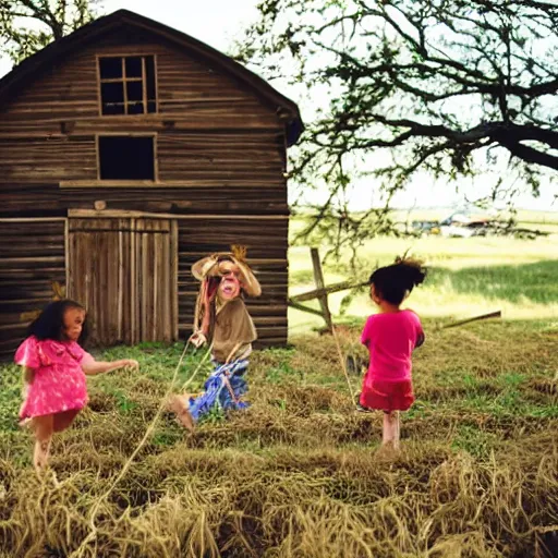 Prompt: children playing in a haymow inside a wooden barn