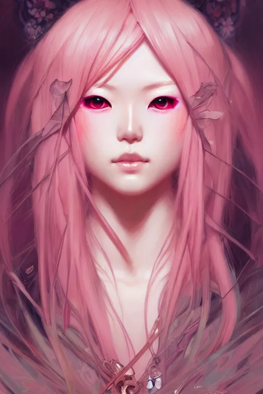 Prompt: Portrait of japanese gyaru, D&D, pink eyes, face, fantasy, intricate, elegant, highly detailed, digital painting, artstation, concept art, smooth, sharp focus, illustration, art by artgerm and greg rutkowski and alphonse mucha