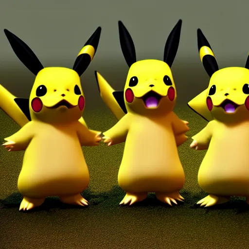 Image similar to three - headed pikachu, realistic, pokemon, hyper realistic, lightning bolts, cinematic lighting