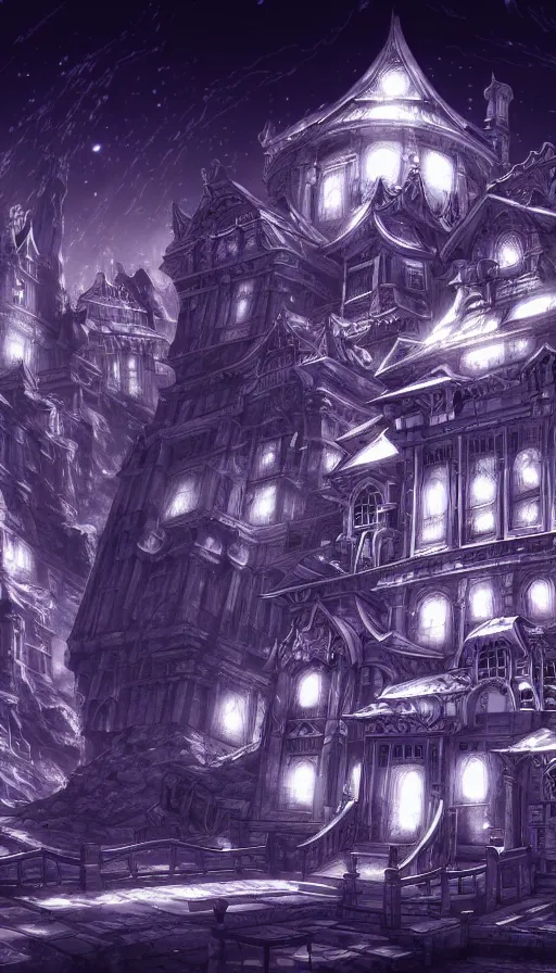 Image similar to a beautiful detailed anime illustration of architecture catacomb by zack snyder, at dusk uv light at winter alien gem at night fantasy elysian retro infrared poppy nightvision neon noir anime crystal dramatic lightning, archdaily, wallpaper, highly detailed, trending on artstation.