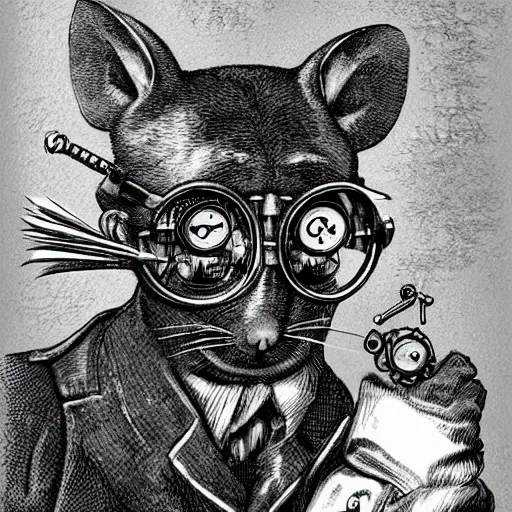 Image similar to a rat with steampunk googles, by H.P. Lovecraft