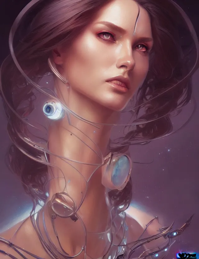 Image similar to futuristic woman portrait, sci-fi, amber eyes, face, long hair, fantasy, intricate, elegant, highly detailed, digital painting, artstation, concept art, smooth, sharp focus, illustration, art by artgerm and greg rutkowski and alphonse mucha