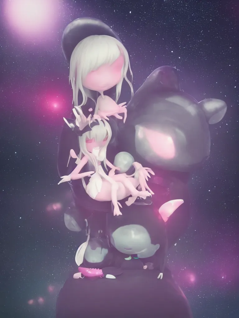 Image similar to cute fumo plush gothic maiden alien girl sitting on a small island floating in the dark galactic abyss, heart eyes, vignette, vray