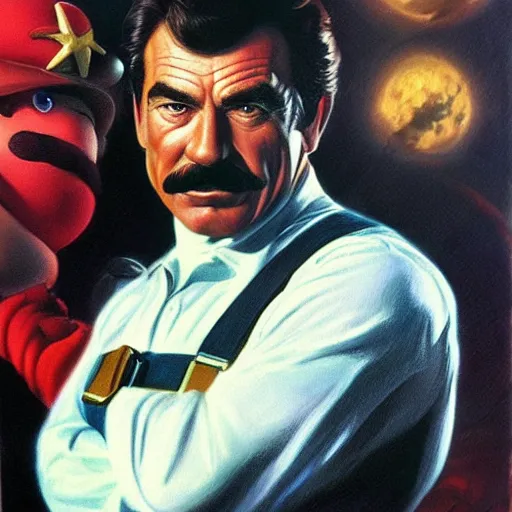 Image similar to ultra realistic portrait painting of tom selleck as super mario, art by frank frazetta, 4 k, ultra realistic, highly detailed, epic lighting