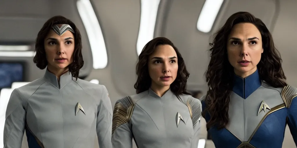 Image similar to Gal Gadot, in full starfleet uniform, is the captain of the starship Enterprise in the new Star Trek movie