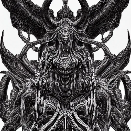 Image similar to 4K headshot of godlike Shub-Niggurath with defined arms and open hands and bloody clothes with giant mandala wings , intricate face , flawless anime cel animation by Kentaro Miura, psychedelic , highly detailed upper body , professionally post-processed , beautiful, scary, symmetry accurate features, epic, octane rendered, anime masterpiece, accurate