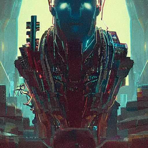 Prompt: in the hall of the cyberpunk mountain king