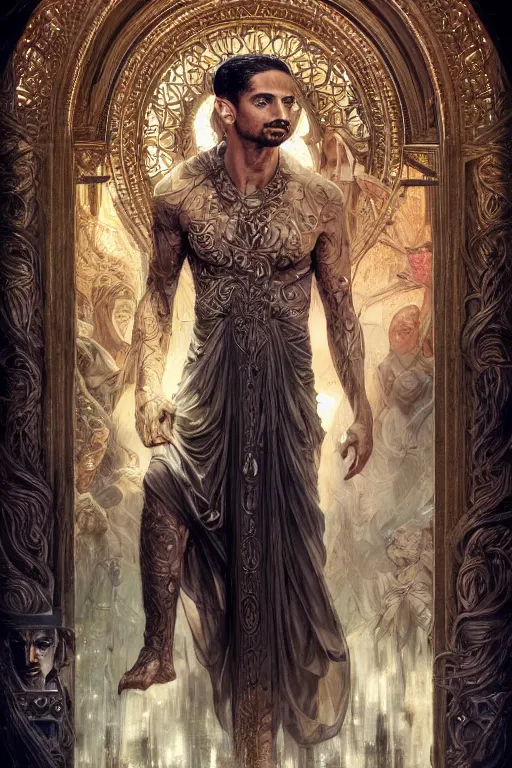 Image similar to Riz Ahmed as a Universal God, fantasy, intricate, elegant, highly detailed, digital painting, 4k, HDR, concept art, smooth, sharp focus, illustration, art by artgerm and H R Giger and alphonse mucha