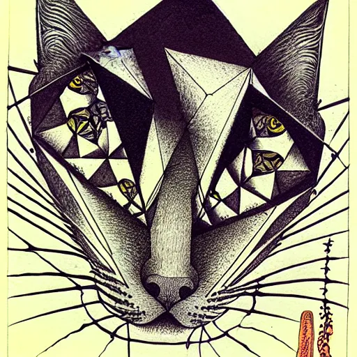 Image similar to cat as a fractal distortion, lithograph, watercolors, ink, M.C. Escher, moebius