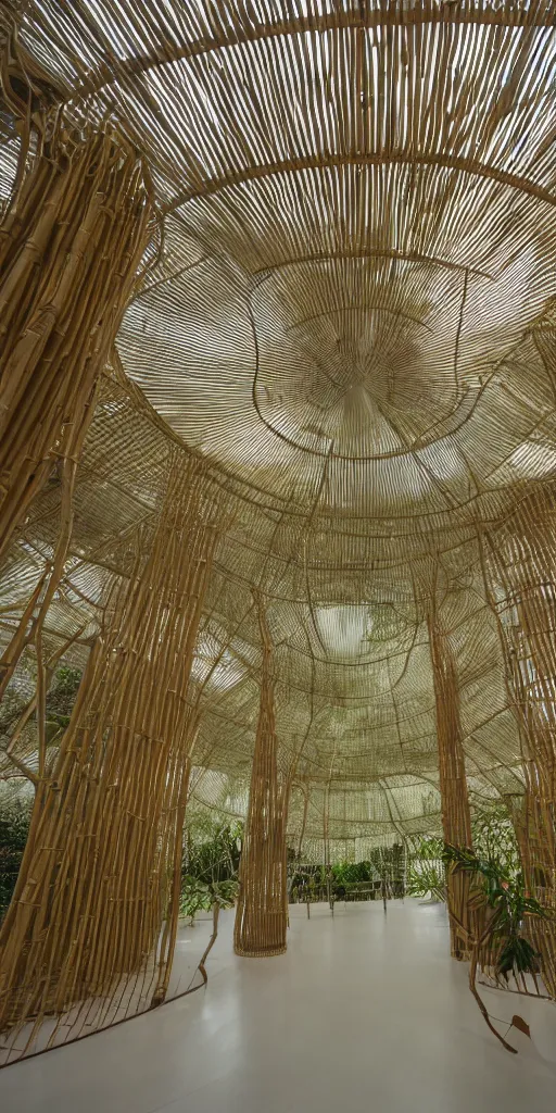 Prompt: inside small pavilion made of branching bamboo. kudless, complex curved intersecting vaulted structure. bundled columns branching recursively into roof. futuristic hydroponic garden, white concrete floor. architectural photography. 4 k, 8 k. volumetric lighting.