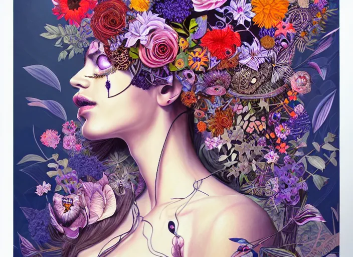 Image similar to a painting of a beautiful cyborg girl with a lot of flowers and blueberries and exotic plants on its head, poster art by android jones, behance contest winner, generative line art, made of flowers, grotesque, concert poster