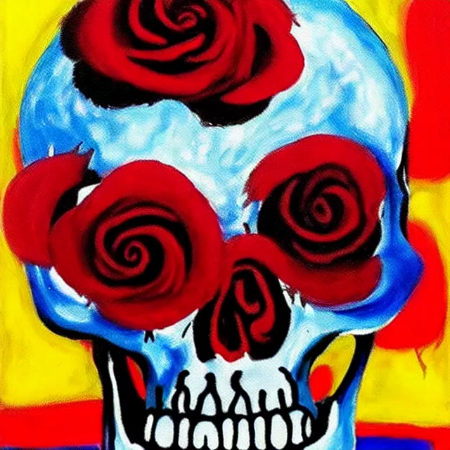 Image similar to a beautiful painting skull rose, by kusama miyama and jean michel basquiat realistic oil painting