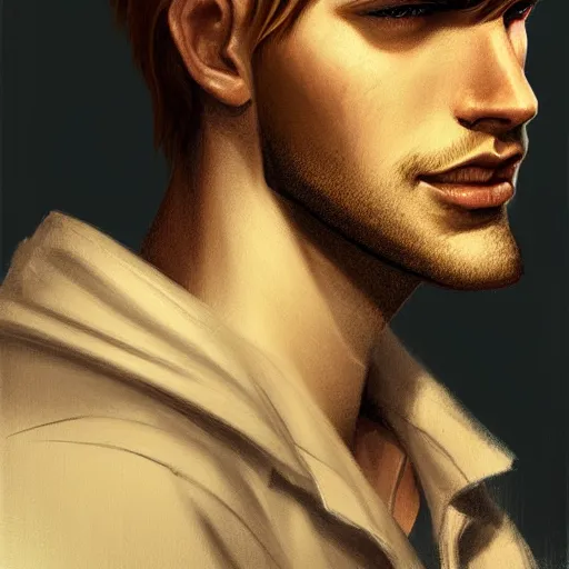 Prompt: tall big man in his twenties with brown blond short regular haircut and round facial structure with cleft chin, straight eyebrows, slightly smiling, cheekbones, wider face, shadow of beard, atmospheric lighting, painted, intricate, 4 k, highly detailed by charlie bowater