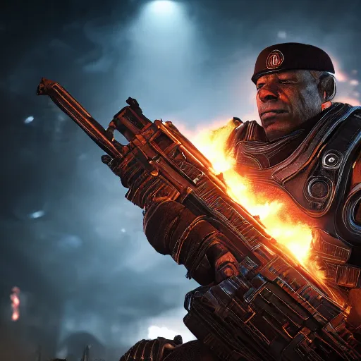 Image similar to barrack obama in gears of war battlefield 5, splash art, movie still, cinematic lighting, dramatic, octane render, long lens, shallow depth of field, bokeh, anamorphic lens flare, 8 k, hyper detailed, 3 5 mm film grain