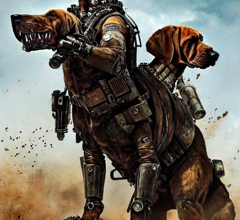 Image similar to a good ol'bloodhound pup fursona ( from the furry fandom ), heavily armed and armored facing down armageddon in a dark and gritty version from the makers of mad max : fury road. witness me.