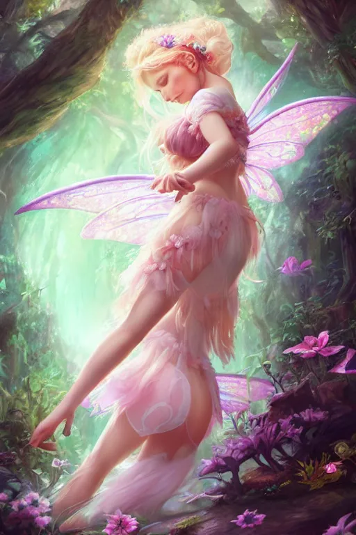 Image similar to a cute fairy in the dreamy forest, fantasy, 8 k resolution, hyper detailed, d & d, character design, digital painting, trending on artstation, sharp focus, illustration, art by artgerm, steve zheng, fuji choko, viktoria gavrilenko, hoang lap