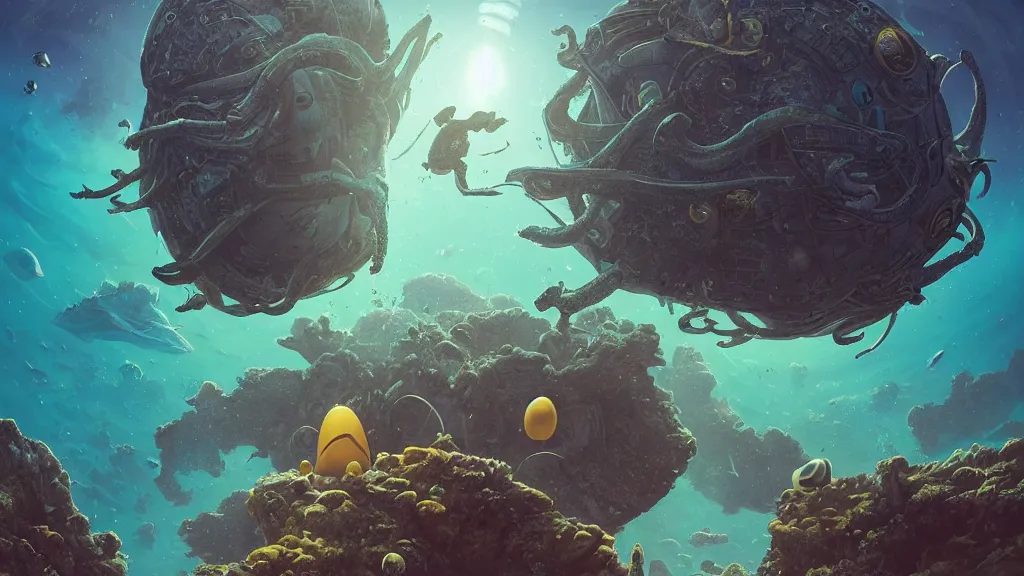 Image similar to An astronaut is under the sea, he has a big egg, he is swimming away from the giant leviathan that is behind hunting him, the leavithan is evil, this is an extravagant planet with wacky wildlife and some mythical animals, the background is full of ancient ruins, the ambient is dark with a terrifying atmosphere, by Jordan Grimmer digital art, trending on Artstation,