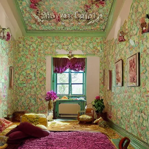 Prompt: a beautiful room with intricate wallpapers and flowers