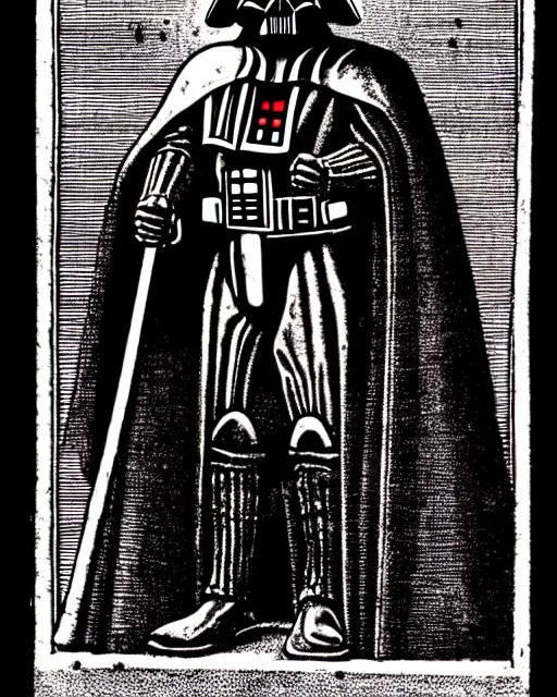 Image similar to b & w woodcut portrait of medieval darth vader from the nuremberg chronicle, 1 4 9 3, restored, hq scan