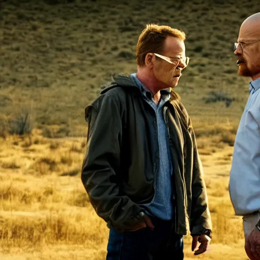 Image similar to movie still of Jack Bauer and Walter White arguing, 4k, golden hour, hyperdetailed