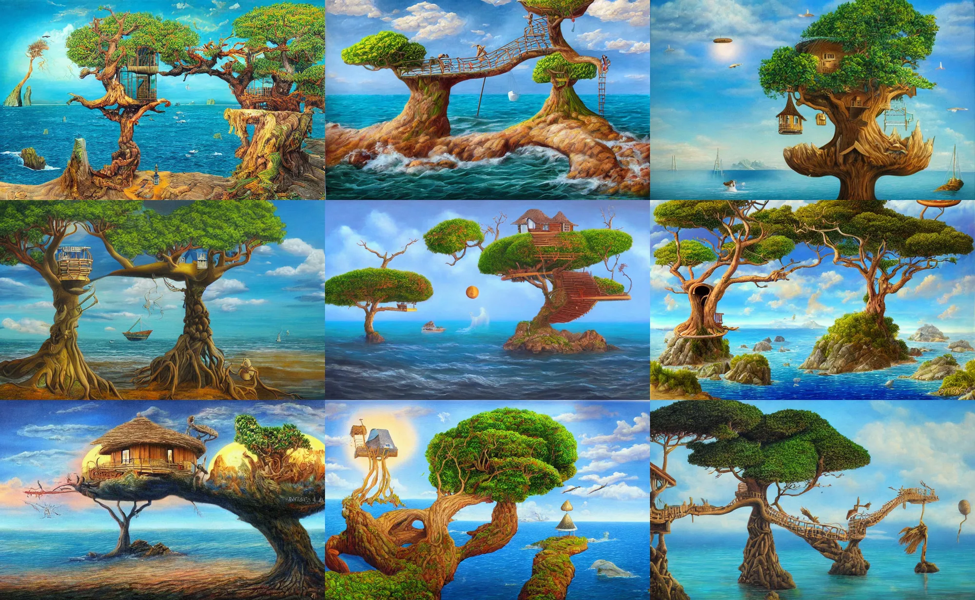 Prompt: surrealism painting of a mystical island treehouse on the ocean