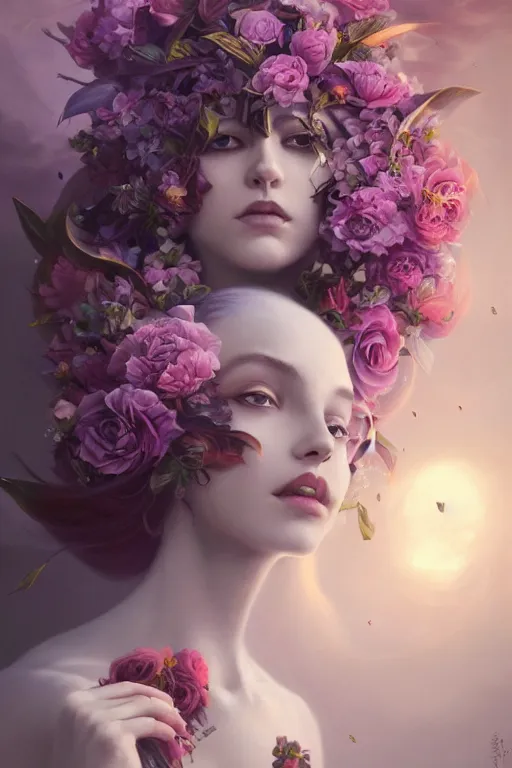 Prompt: the goddess of flowers by Peter mohrbacher, hyper realistic, octane render, stardust in atmosphere, black and purple rose petals , realistic hair, award winning artwork, trending on artstation, high quality printing, fine art with subtle redshift rendering