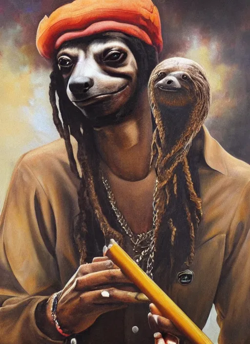 Image similar to ultra realistic portrait painting of snoop dogg as a sloth smoking a lit joint, art by frank frazetta, 4 k, ultra realistic, highly detailed, epic lighting