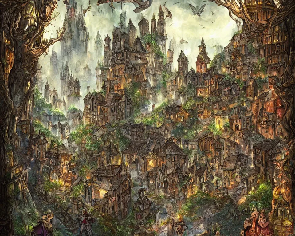 Image similar to medieval fae city, magical, faerie, fanciful