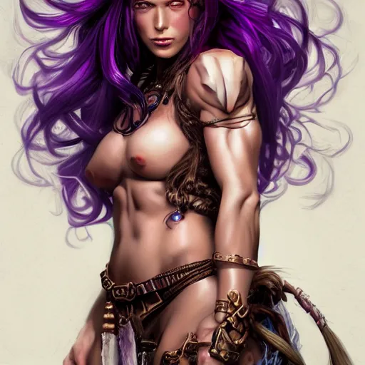 Prompt: portrait of a beautiful barbarian woman with long purple hair, muscular, wild, upper body, D&D, fantasy, intricate, cinematic lighting, highly detailed, digital painting, artstation, concept art, smooth, sharp focus, illustration, art by Hajime Sorayama