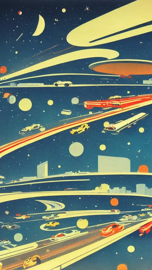 Image similar to a series of highways in outer space with cars on them, 1950s art deco poster, retrofuturism, edward hopper