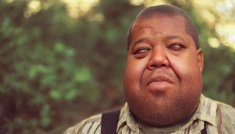 Image similar to far view, extremely fat obese forrest whitaker with long beard, wearing dirty overalls, dirty greasy face, grin, portrait, close up, kodak gold 2 0 0, 5 0 mm,