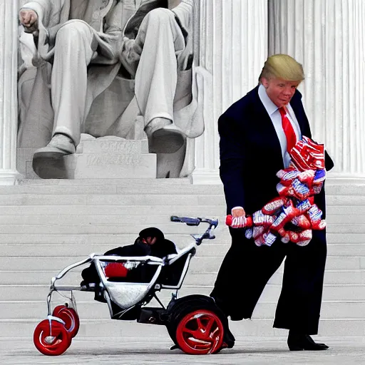 Image similar to highly detailed, award winning photograph of donald trump stealing candy from a baby in a stroller in front of the lincoln monument