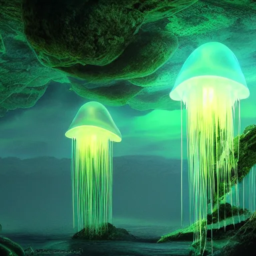 Image similar to floating luminescent jellyfish in an alien nocturnal jungle, matte painting, landscape, mysterious