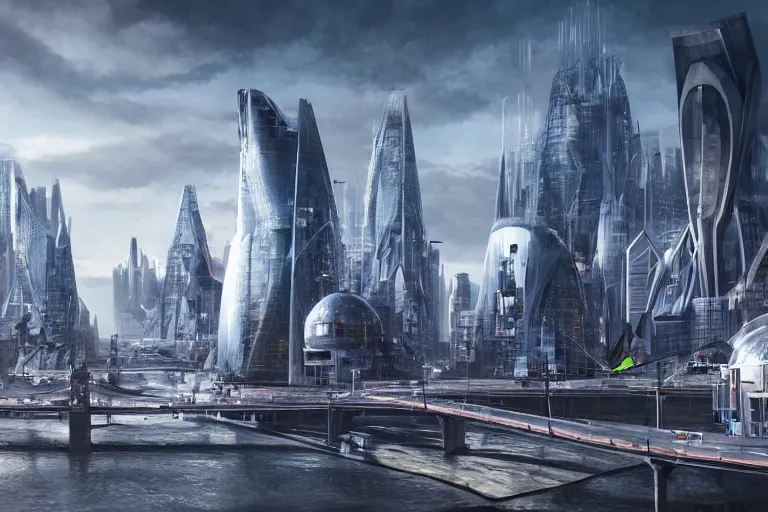 Image similar to Futuristic London in a sci-fi style, hyper realistic, very detailed, 8K,