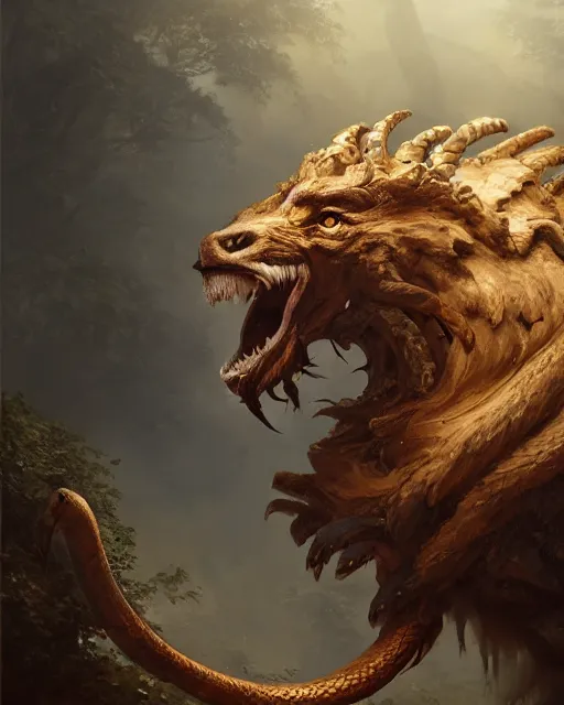 Prompt: oil painting of a chimera with goat head, snake head, lion head, sharp focus, heroic pose, fantasy style, octane render, volumetric lighting, 8k high definition, by greg rutkowski, highly detailed, trending on art Station, magic the gathering artwork, Woodland background, centered