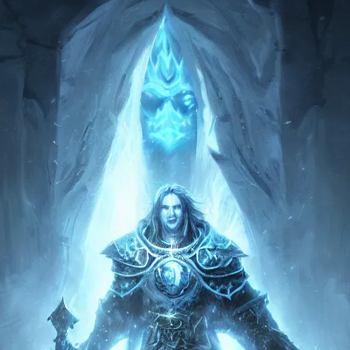 Image similar to arthas menethil the lich king from world of warcraft trending on artstation in the style of greg rutkowski