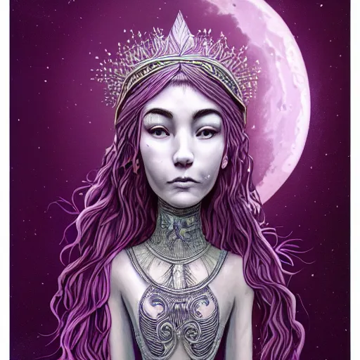 Prompt: portrait of hannah fierman as young slim mighty prophetess of the moon, silver filigree armor and tiara, moon above head, purple wavy hair, translucent skin, large striking eyes, beautiful! coherent! by brom, by junji ito, strong line, high contrast, muted color