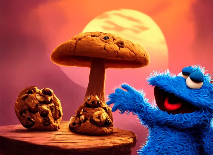 Image similar to cookie monster eating magic mushroom, golden hour, fantasy, sharp focus, digital art, hyper realistic, 4 k, unreal engine, highly detailed, hd, dramatic lighting by brom, trending on artstation