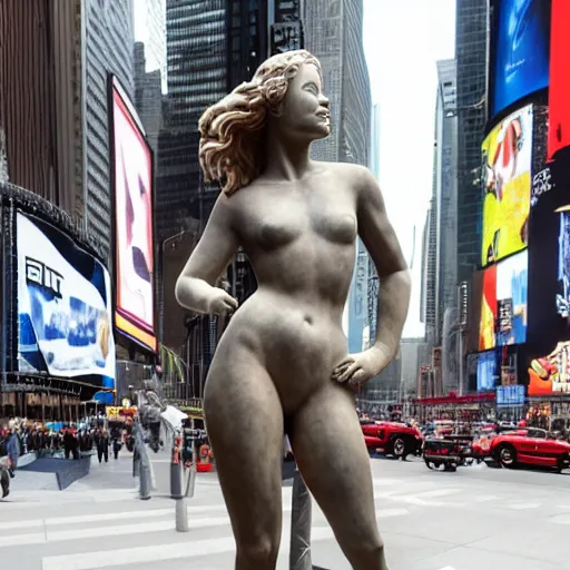 Image similar to a realistic renaissance sculpture of margot robbie by michelangelo, standing in times square, 3 d render, hyper detailed, sharp focus, 8 k resolution