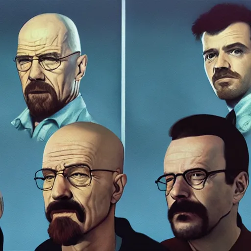 Prompt: breaking bad cast but younger, oil painting, octane render, 1 9 8 0 s camera, portrait