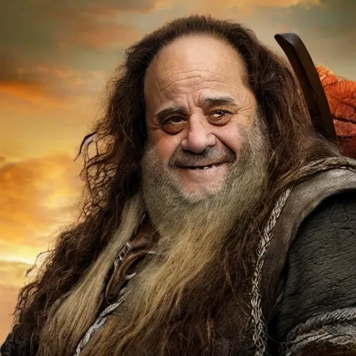 Image similar to movie still of danny devito starring as gimli in the 2 0 2 6 lord of the rings movie, full body, hyper realistic, high quality