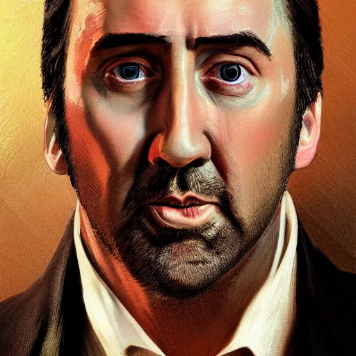 Image similar to Portrait of a Nic Cage in GTA V , art by Albert Bierstadt and James Gurney, highly detailed, digital painting, matte painting, concept art, illustration, oppressive lighting, trending on artstation, very detailed