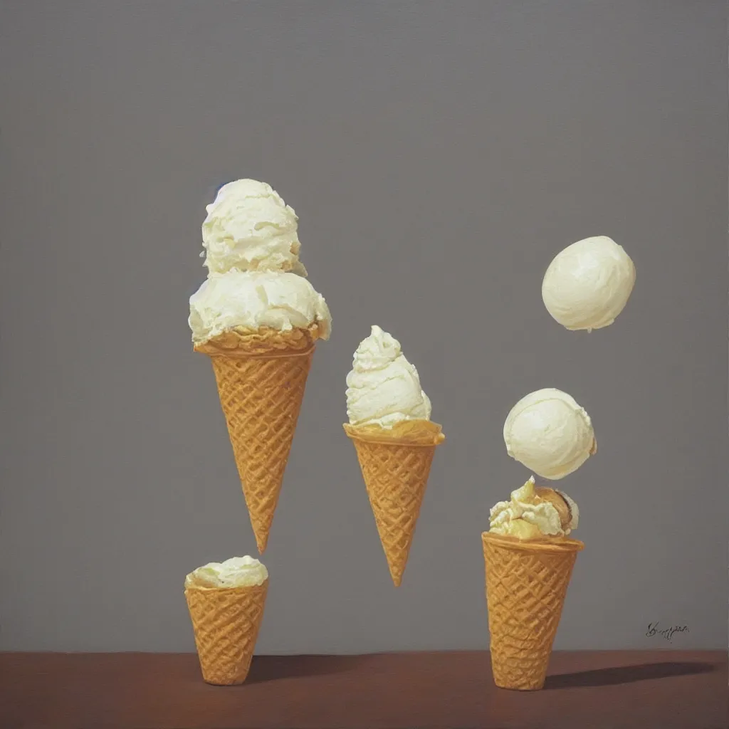 Prompt: Hyperrealistic painting of a symmetric levitating ice cream cone made of mirror