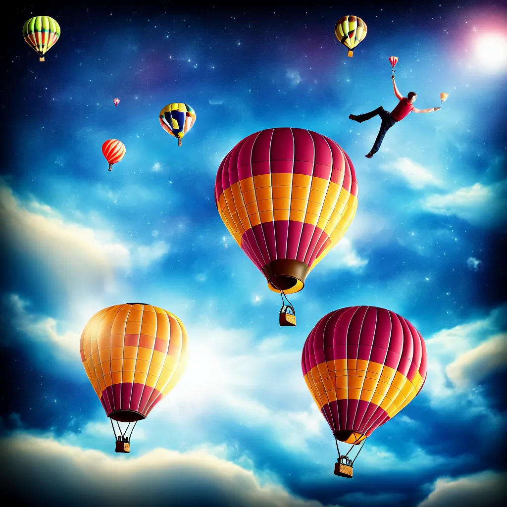 Prompt: single man flying in hot air balloon in the space, dark background, hyper realistic