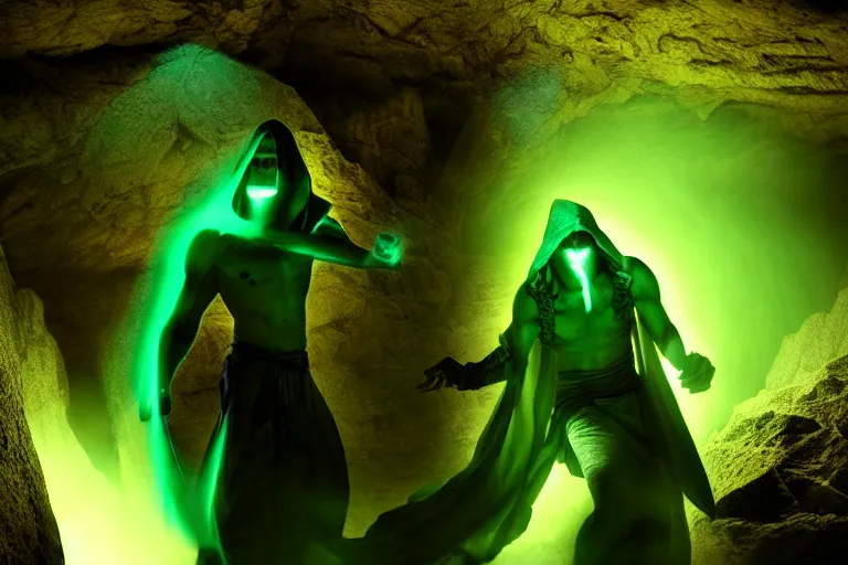 Image similar to vfx film, soul reaver, raziel irl, price of persia movie, missing jaw, hero pose, devouring magic souls, scarf, hood, glowing green soul blade, in epic ancient sacred huge cave temple, flat color profile low - key lighting award winning photography arri alexa cinematography, hyper real photorealistic cinematic beautiful, atmospheric cool colorgrade