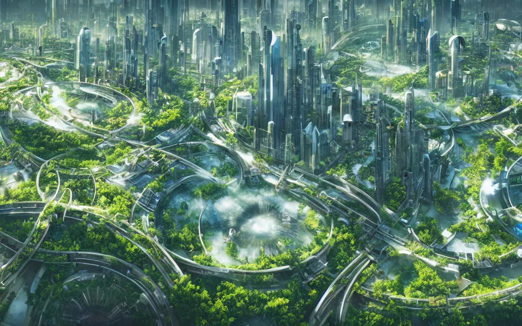 Image similar to a breathtaking view of a solarpunk city, green meadows and rivers, futuristic architecture, hyperrealism, octopath traveler, octane render, misty, highly rendered, global illumination, radiant light, by vincent callebaut and chris hytha