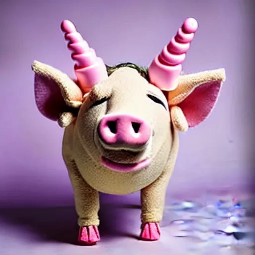 Image similar to studio photograph of a flying smiling pig with unicorn horn depicted as a muppet