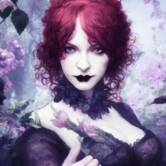 Image similar to goth christina hendricks with flowers in her hand, tankoban, 4 k, tone mapping, akihiko yoshida, james jean andrei riabovitchev marc simonetti, yoshitaka amano, long hair, curly, h. hydrochaeri