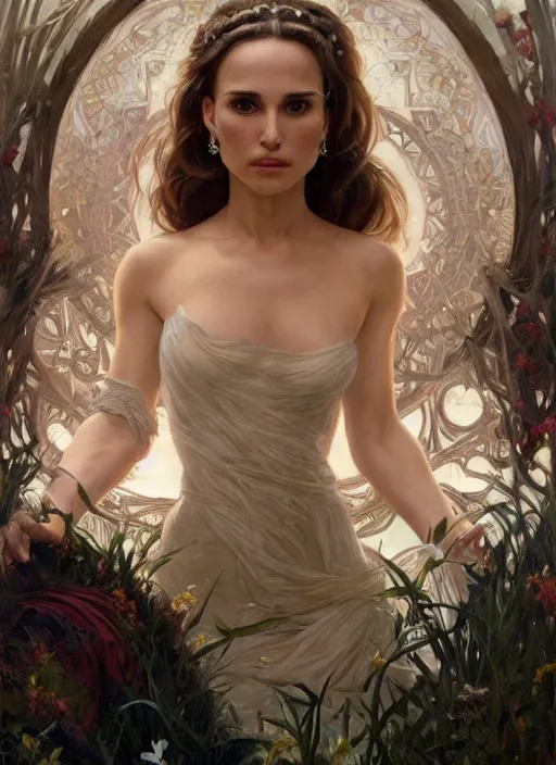 Image similar to music video screenshot of natalie portman, unreal, fantasy, intricate, elegant, dramatic, highly detailed, photorealistic, digital painting, painterly, artstation, concept art, smooth, sharp focus, art by John Collier and Krenz Cushart and Artem Demura and Alphonse Mucha and Albert Aublet