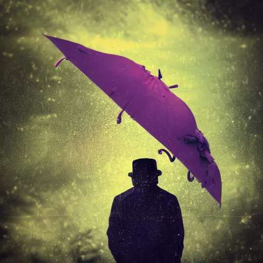 Prompt: an umbrella covering an old man in the acid rain, psychodelic